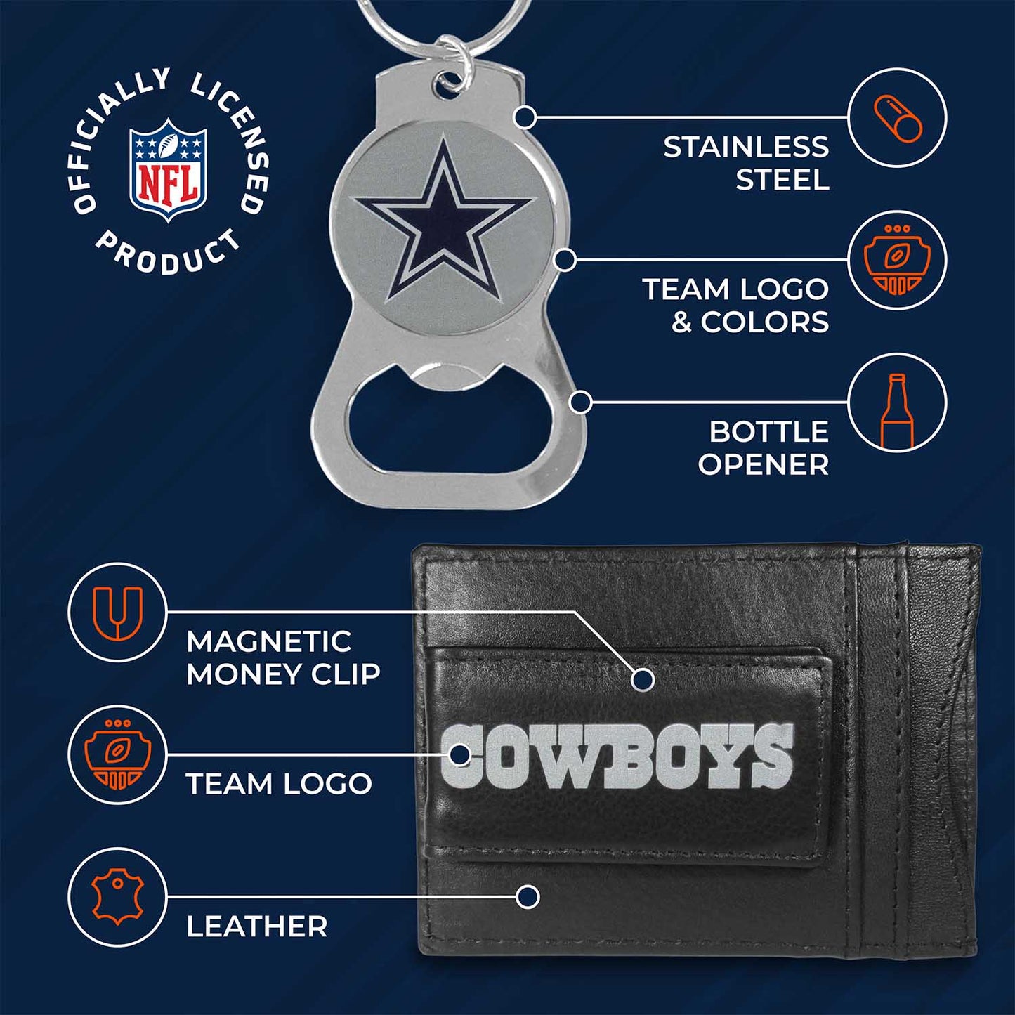Dallas Cowboys NFL Bottle Opener Keychain Bundle - Black