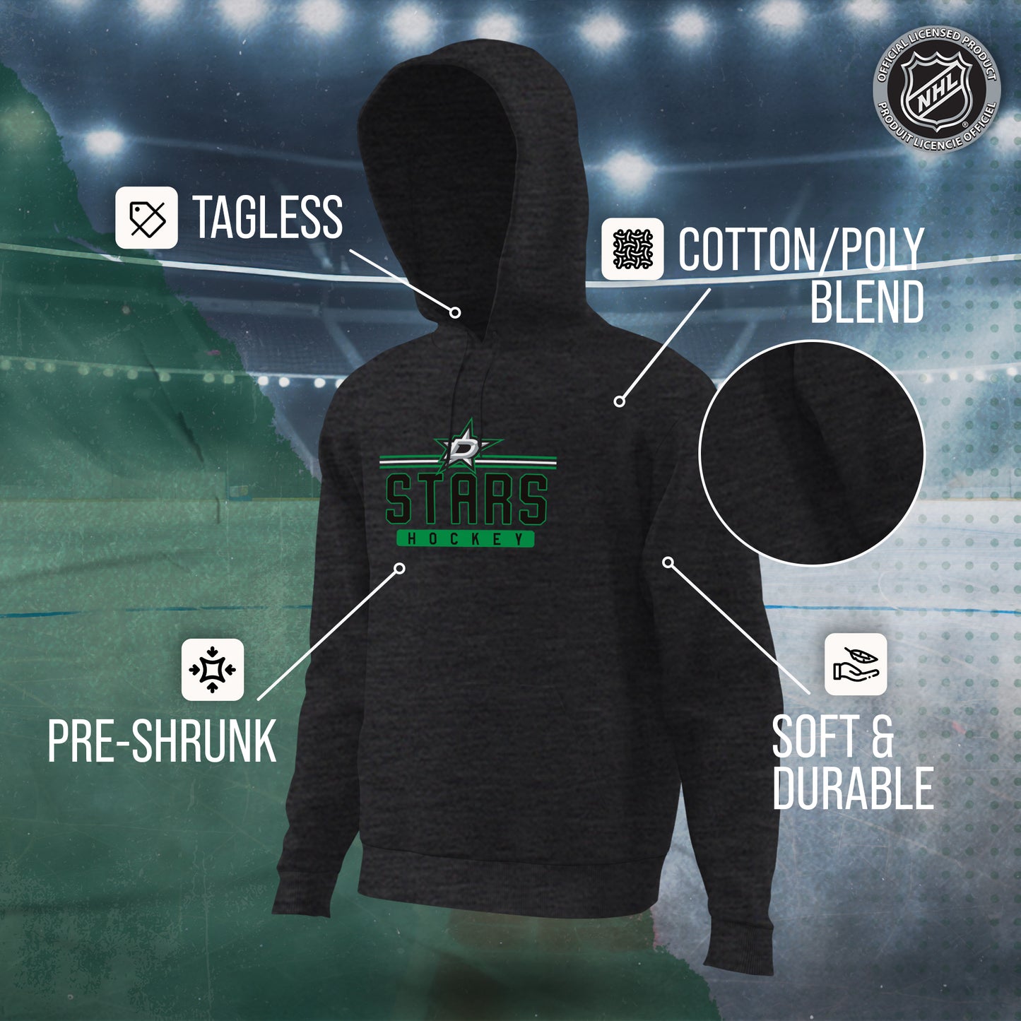 Dallas Stars NHL Adult Heather Charcoal True Fan Hooded Sweatshirt Unisex - Charcoal