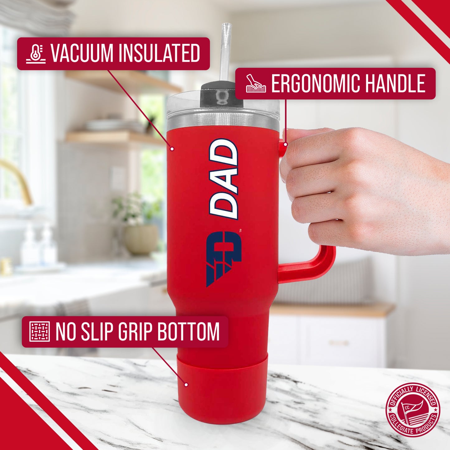 Dayton Flyers Collegiate 40oz Stainless Steel Travel Tumbler with Handle for Dad - Red