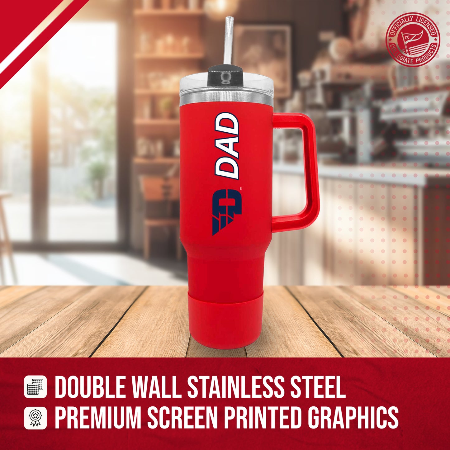 Dayton Flyers Collegiate 40oz Stainless Steel Travel Tumbler with Handle for Dad - Red