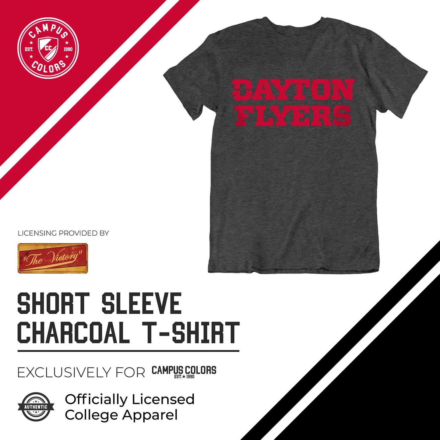 Dayton Flyers Campus Colors NCAA Adult Cotton Blend Charcoal Tagless T-Shirt - Charcoal