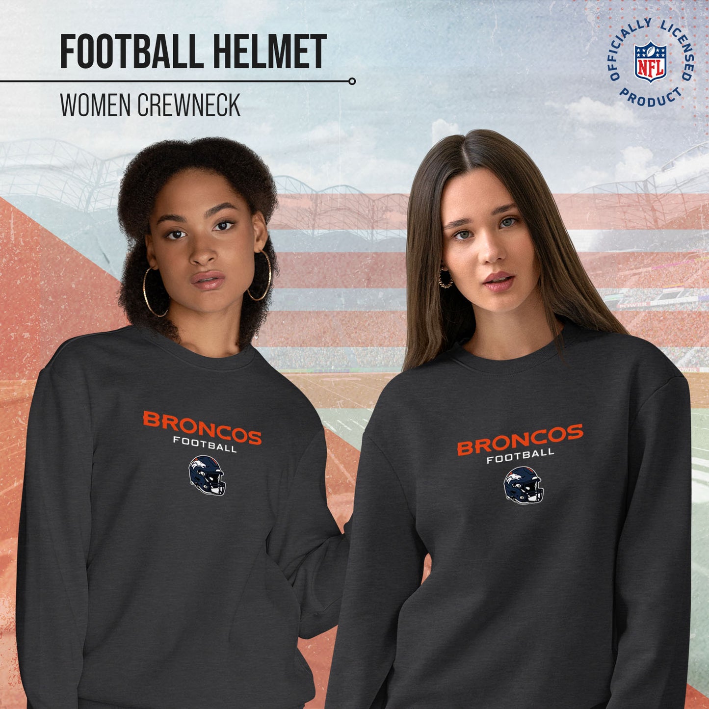 Denver Broncos Women's NFL Football Helmet Charcoal Slouchy Crewneck -Tagless Lightweight Pullover - Charcoal