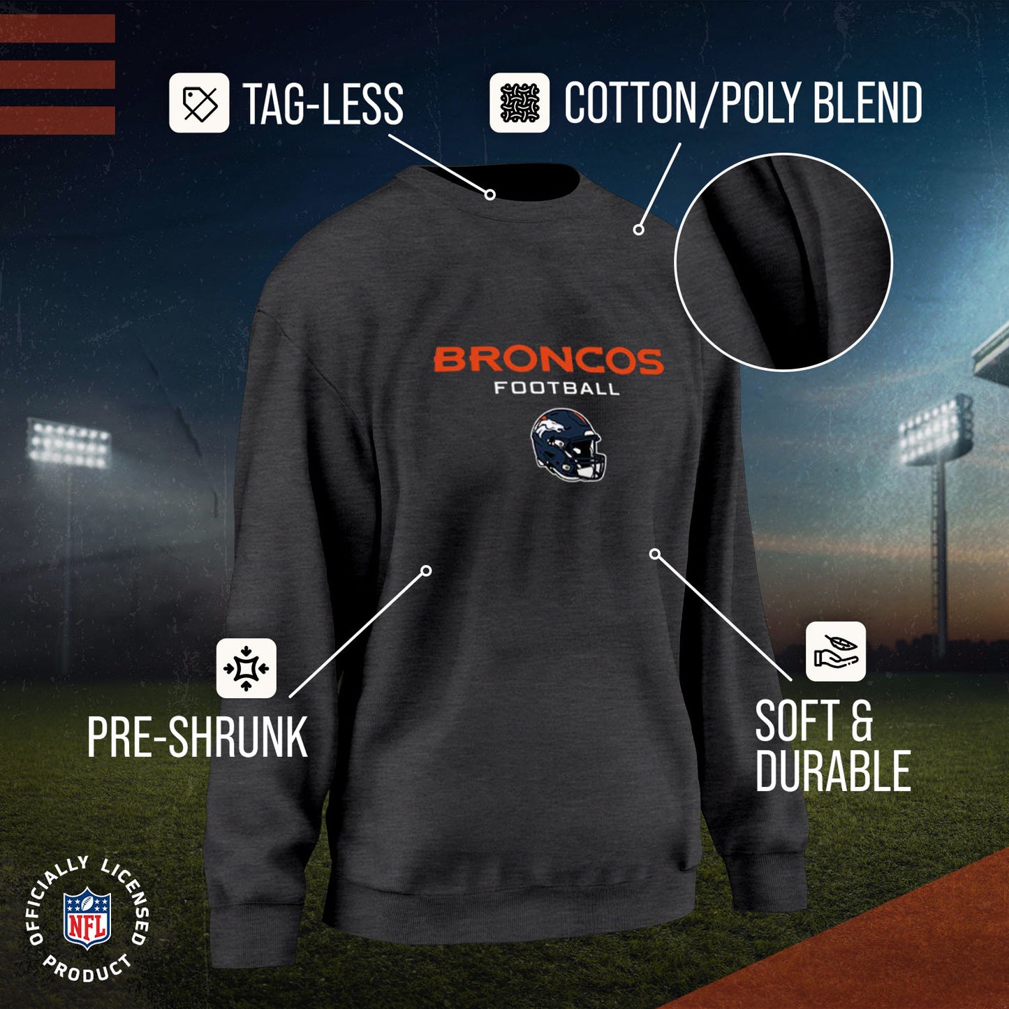 Denver Broncos Women's NFL Football Helmet Charcoal Slouchy Crewneck -Tagless Lightweight Pullover - Charcoal