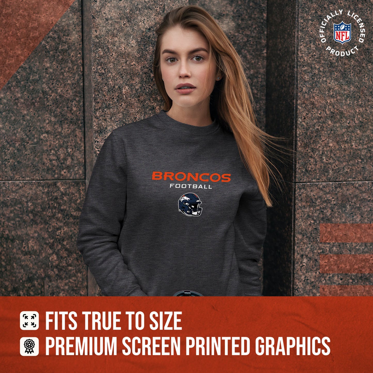 Denver Broncos Women's NFL Football Helmet Charcoal Slouchy Crewneck -Tagless Lightweight Pullover - Charcoal