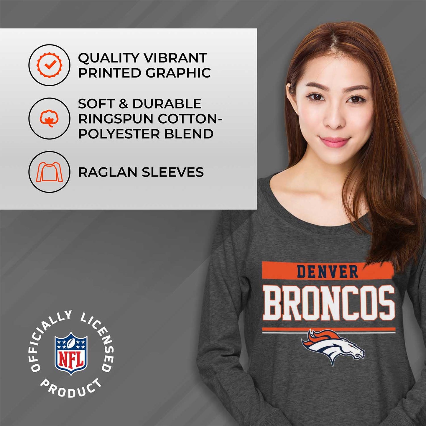 Denver Broncos NFL Womens Charcoal Crew Neck Football Apparel - Charcoal