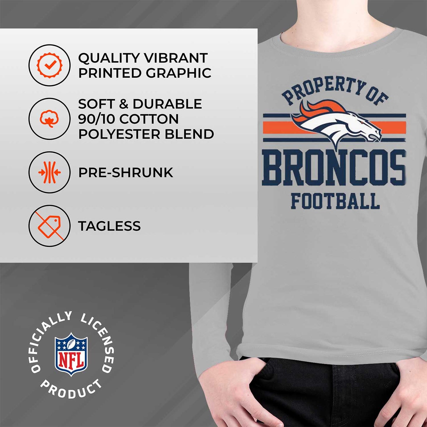 Denver Broncos NFL Youth Property Of Long Sleeve Lightweight T Shirt - Sport Gray
