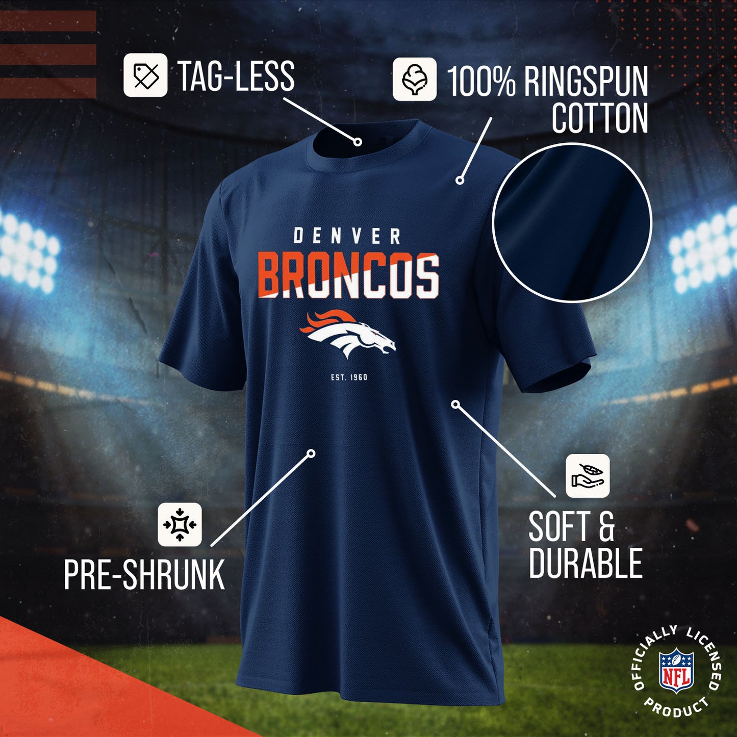 Denver Broncos Adult NFL Diagonal Fade Color Block T-Shirt - Navy