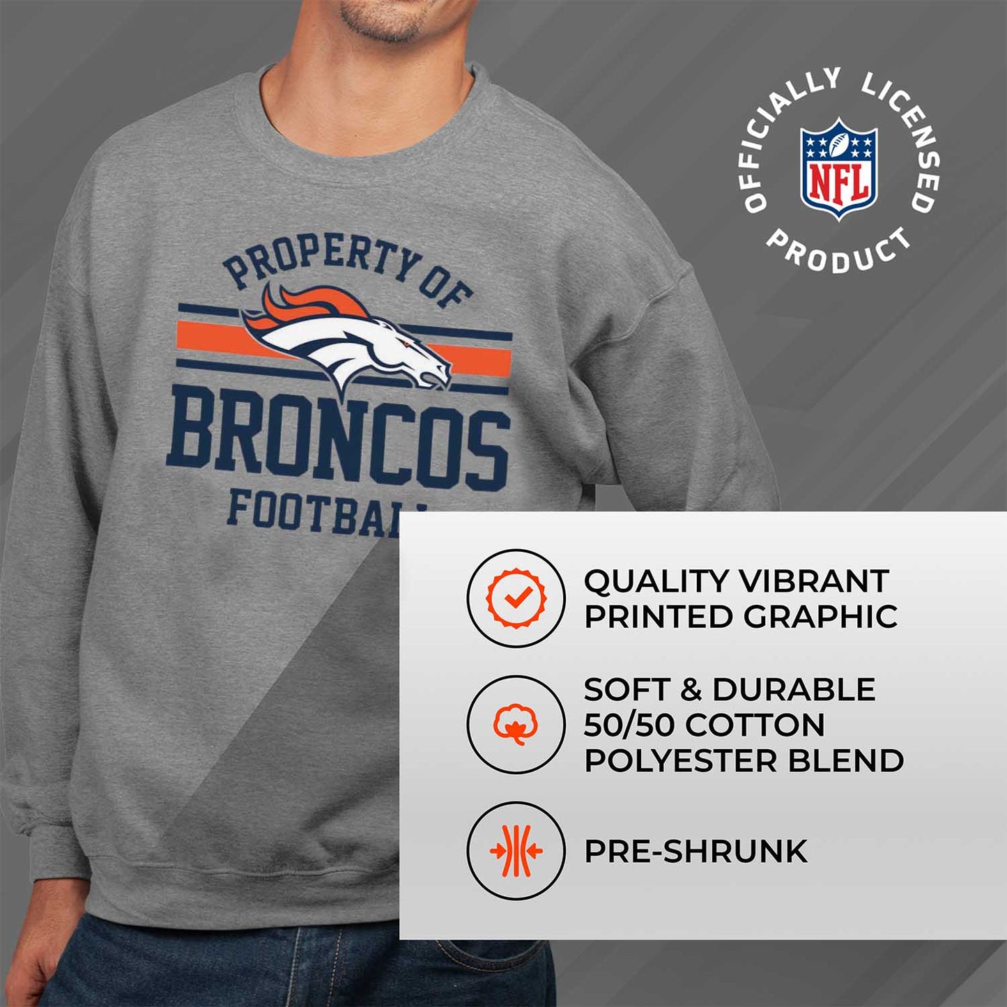 Denver Broncos NFL Adult Property Of Crewneck Fleece Sweatshirt - Sport Gray