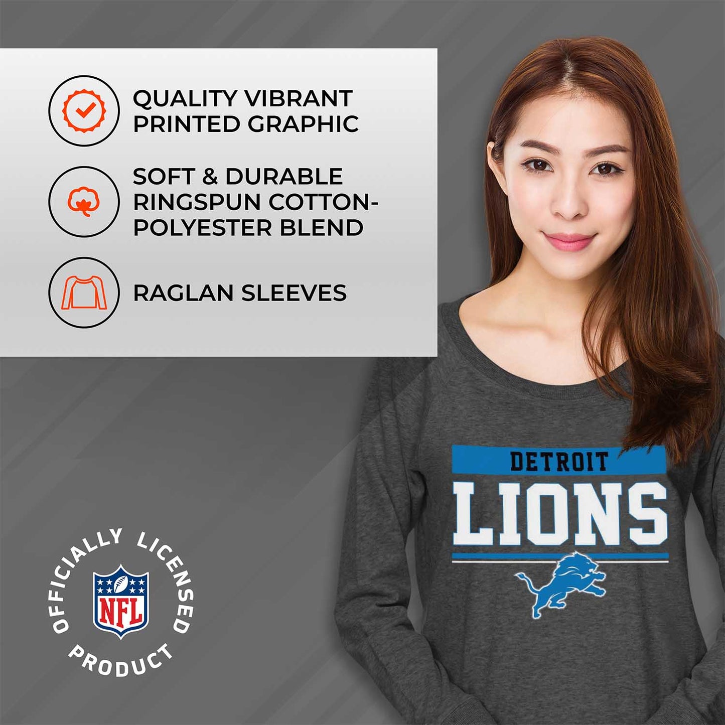 Detroit Lions NFL Womens Charcoal Crew Neck Football Apparel - Charcoal