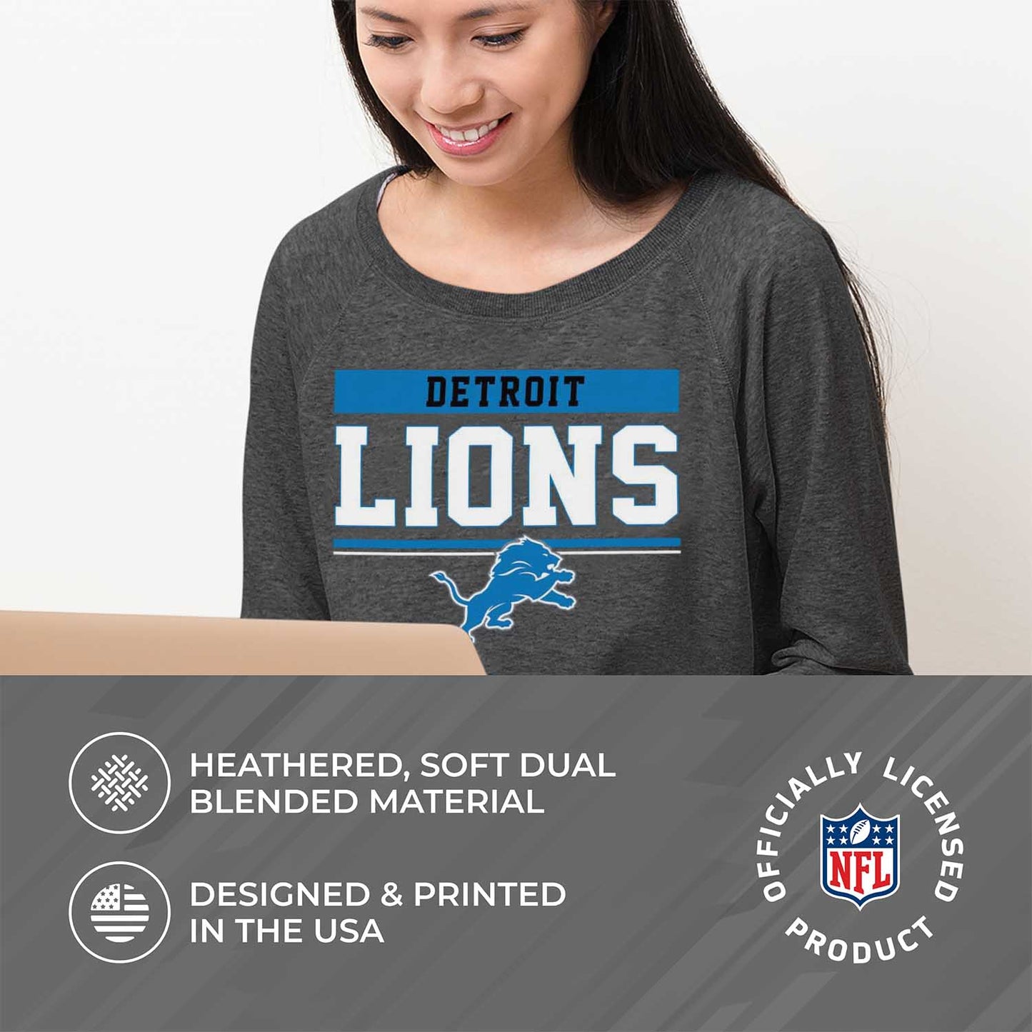 Detroit Lions NFL Womens Charcoal Crew Neck Football Apparel - Charcoal