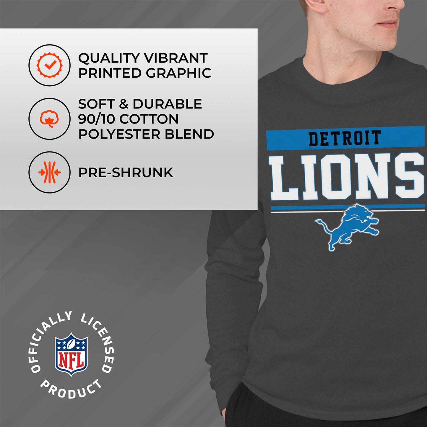 Detroit Lions NFL Adult Charcoal Long Sleeve T Shirt - Charcoal