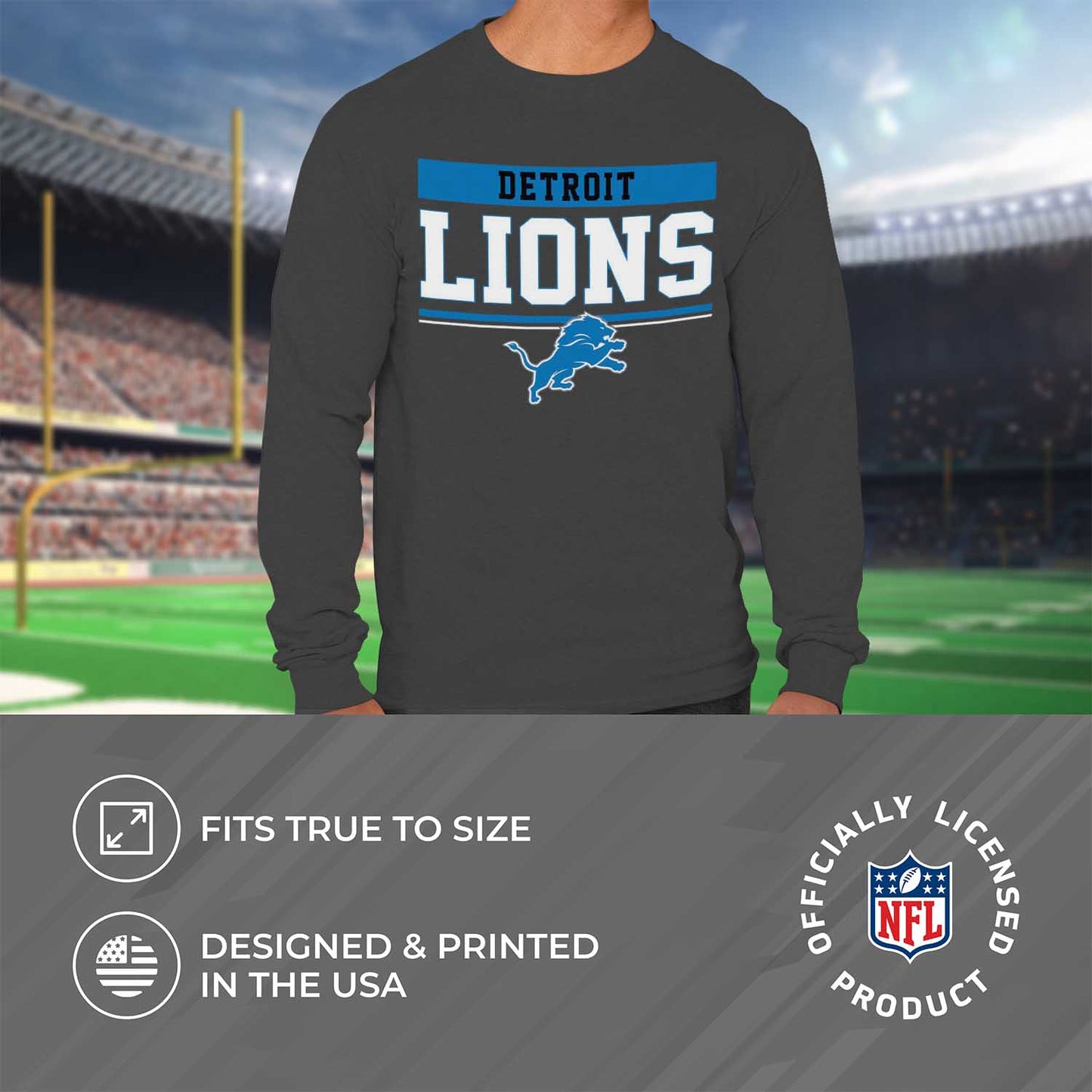 Detroit Lions NFL Adult Charcoal Long Sleeve T Shirt - Charcoal