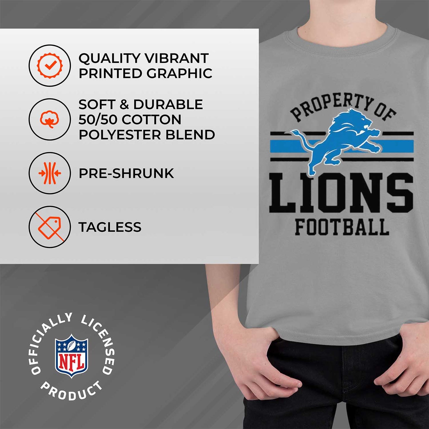 Detroit Lions NFL Youth Property Of Short Sleeve Lightweight T Shirt - Sport Gray