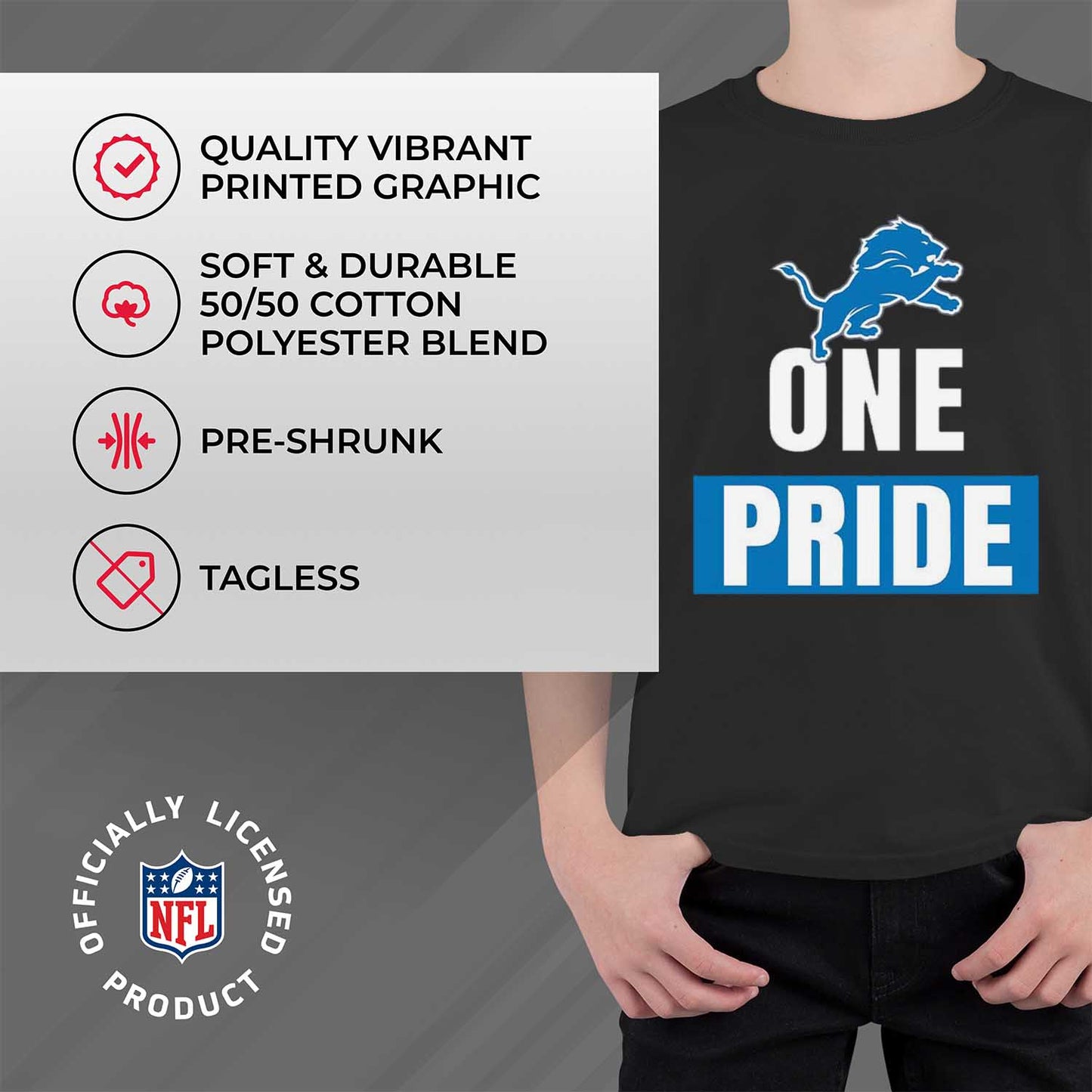 Detroit Lions NFL Youth Team Slogan Short Sleeve Lightweight T Shirt - Black
