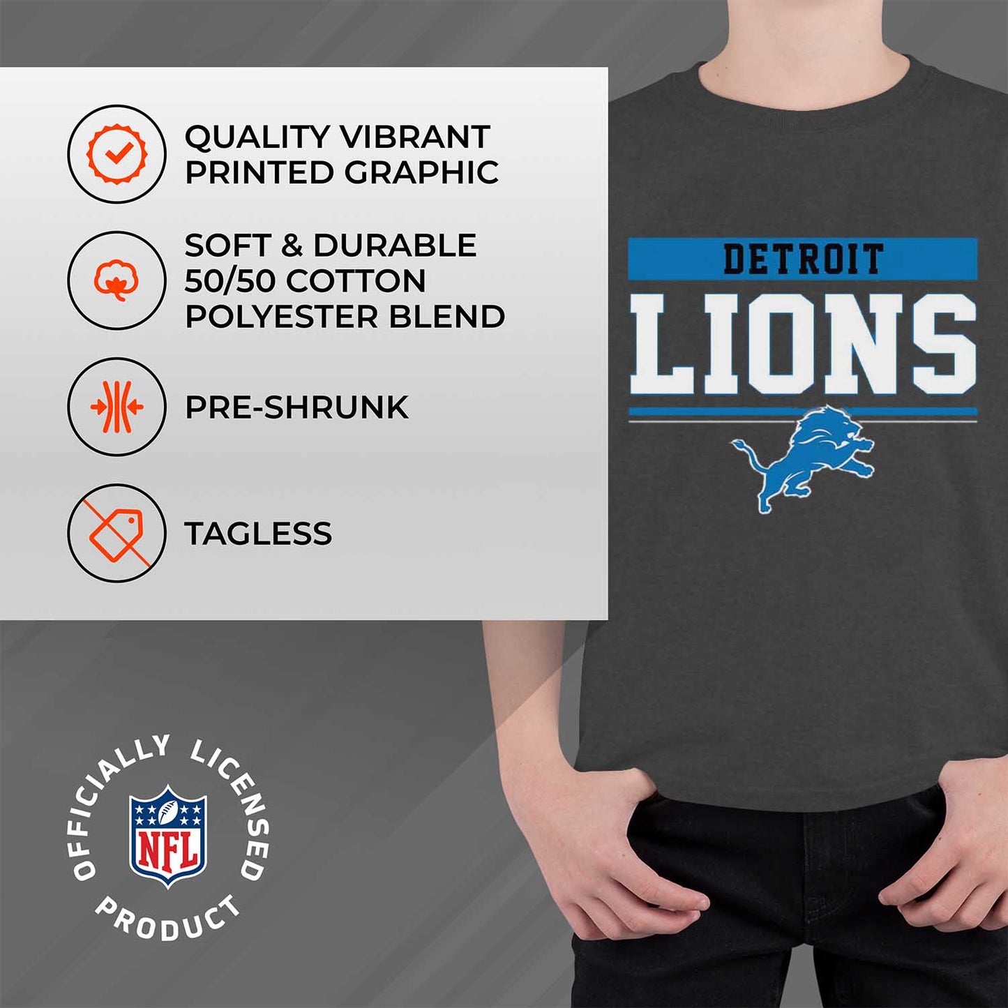 Detroit Lions NFL Youth Short Sleeve Charcoal T Shirt - Charcoal
