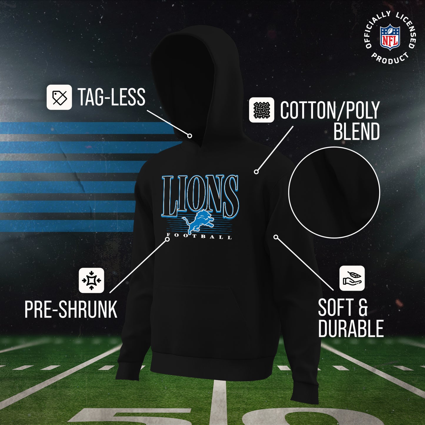 Detroit Lions NFL Youth Overtime Blueprint Football Fleece Hooded Sweatshirt - Black