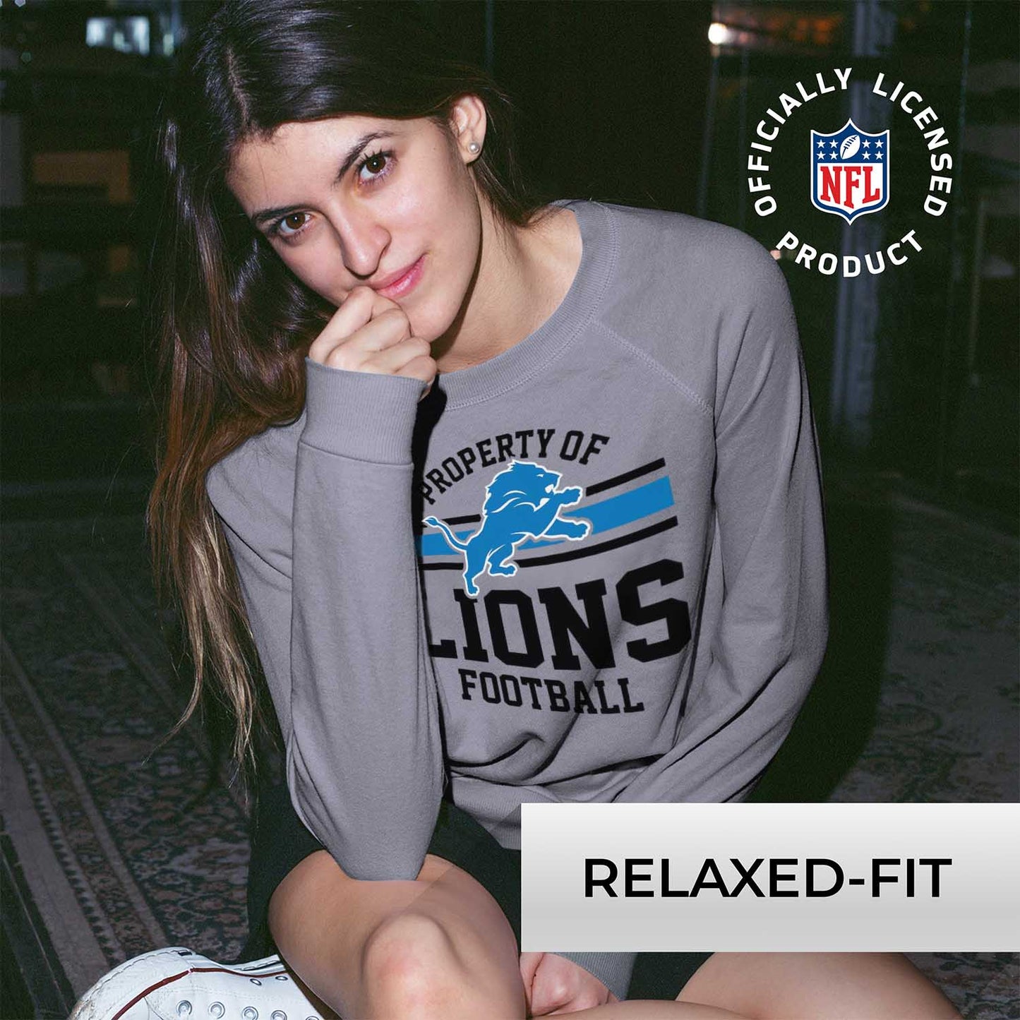 Detroit Lions NFL Womens Property of Lighweight Crew Neck - Sport Gray