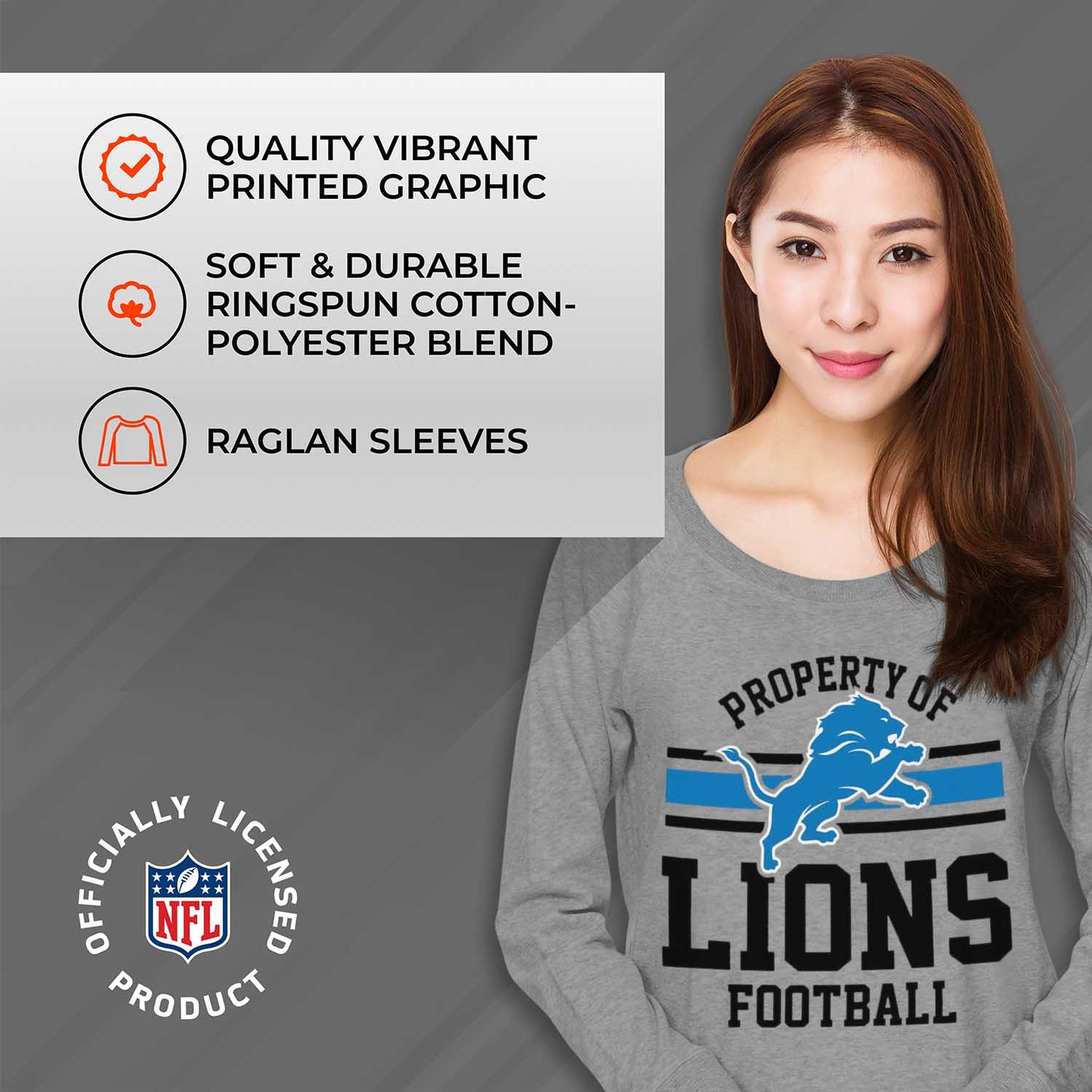 Detroit Lions NFL Womens Property of Lighweight Crew Neck - Sport Gray