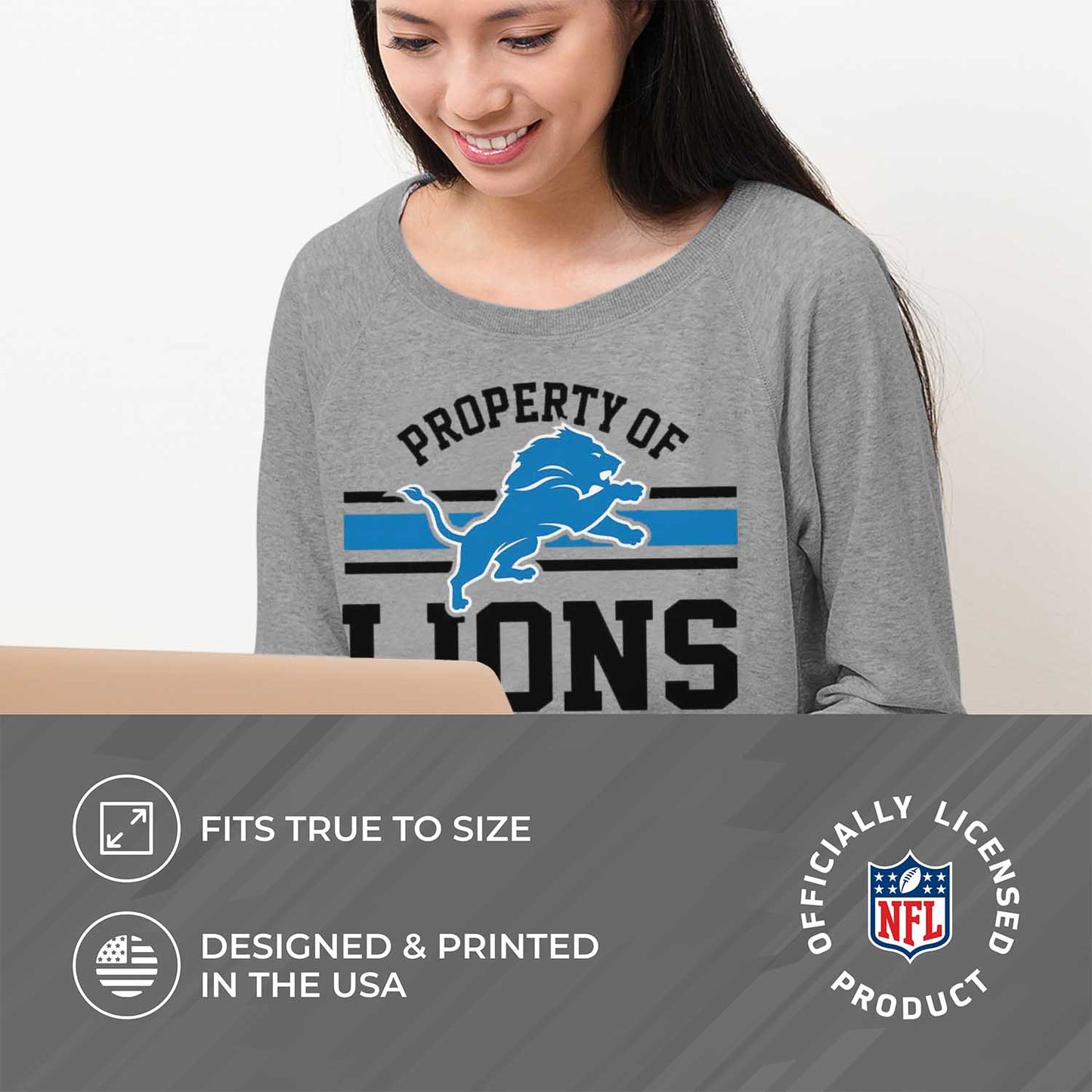 Detroit Lions NFL Womens Property of Lighweight Crew Neck - Sport Gray