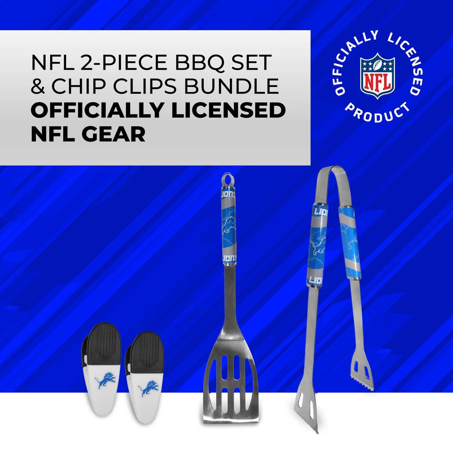 Detroit Lions NFL Two Piece Grilling Tools Set with 2 Magnet Chip Clips - Chrome