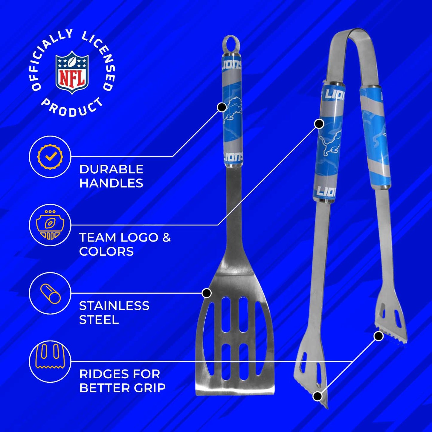 Detroit Lions NFL Two Piece Grilling Tools Set with 2 Magnet Chip Clips - Chrome