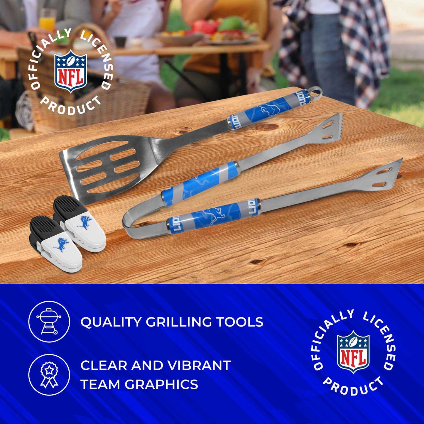 Detroit Lions NFL Two Piece Grilling Tools Set with 2 Magnet Chip Clips - Chrome