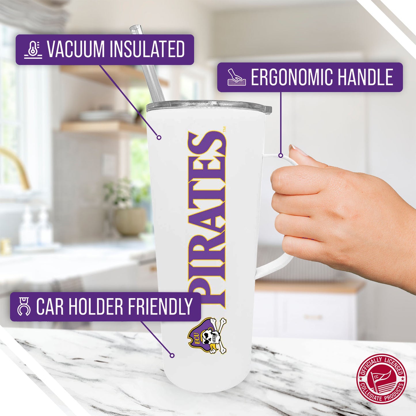 East Carolina Pirates NCAA Stainless Steel 20oz Roadie With Handle & Dual Option Lid With Straw - White
