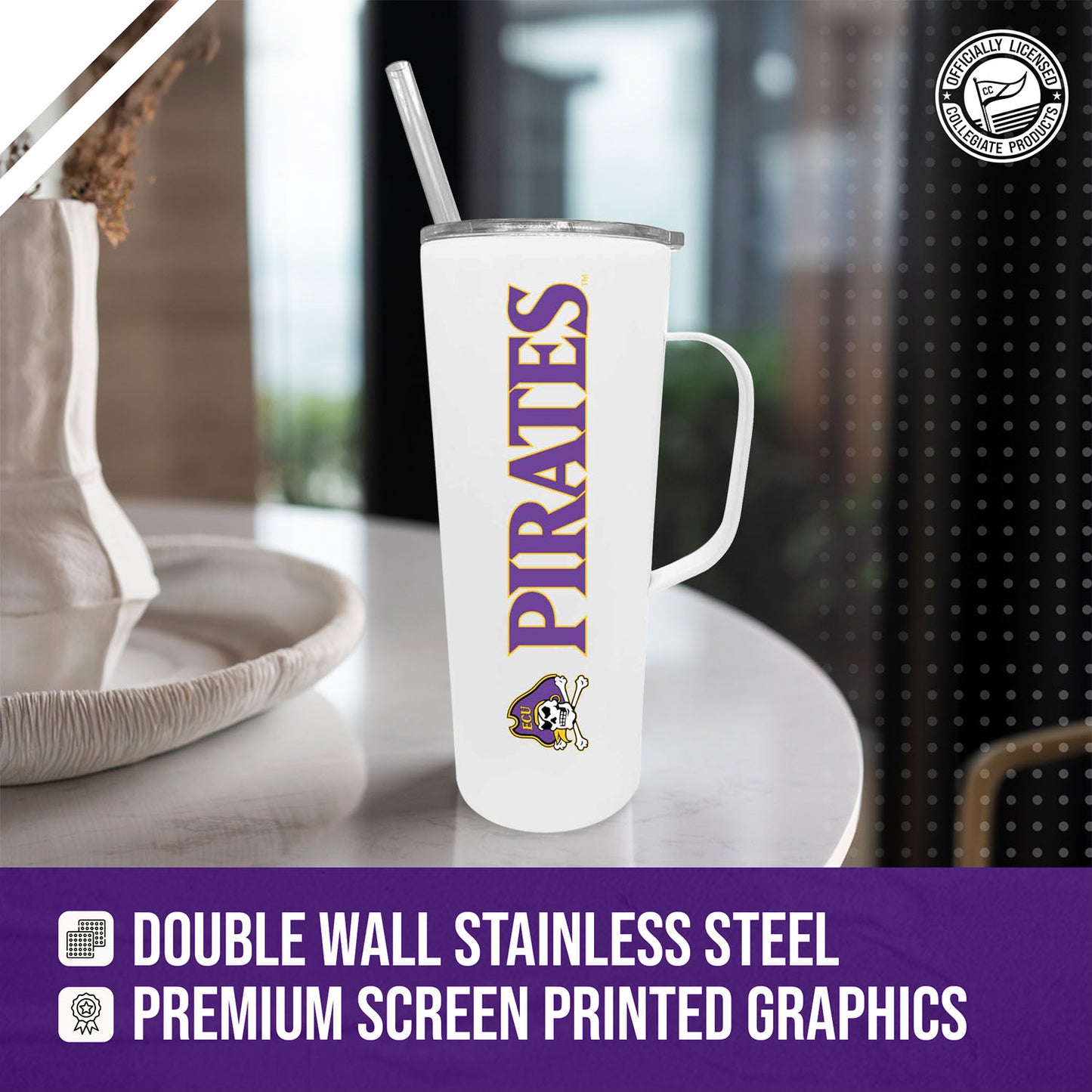 East Carolina Pirates NCAA Stainless Steel 20oz Roadie With Handle & Dual Option Lid With Straw - White