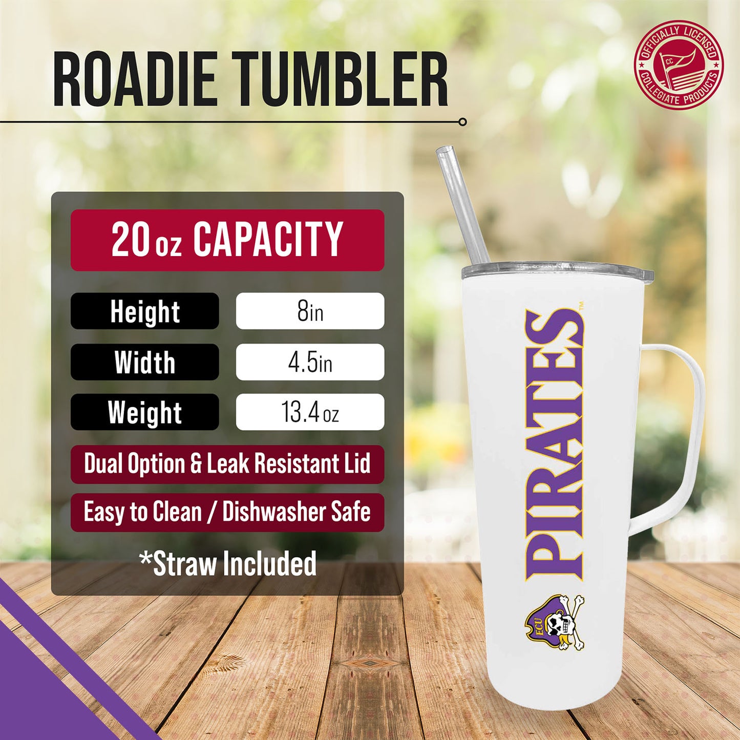 East Carolina Pirates NCAA Stainless Steel 20oz Roadie With Handle & Dual Option Lid With Straw - White