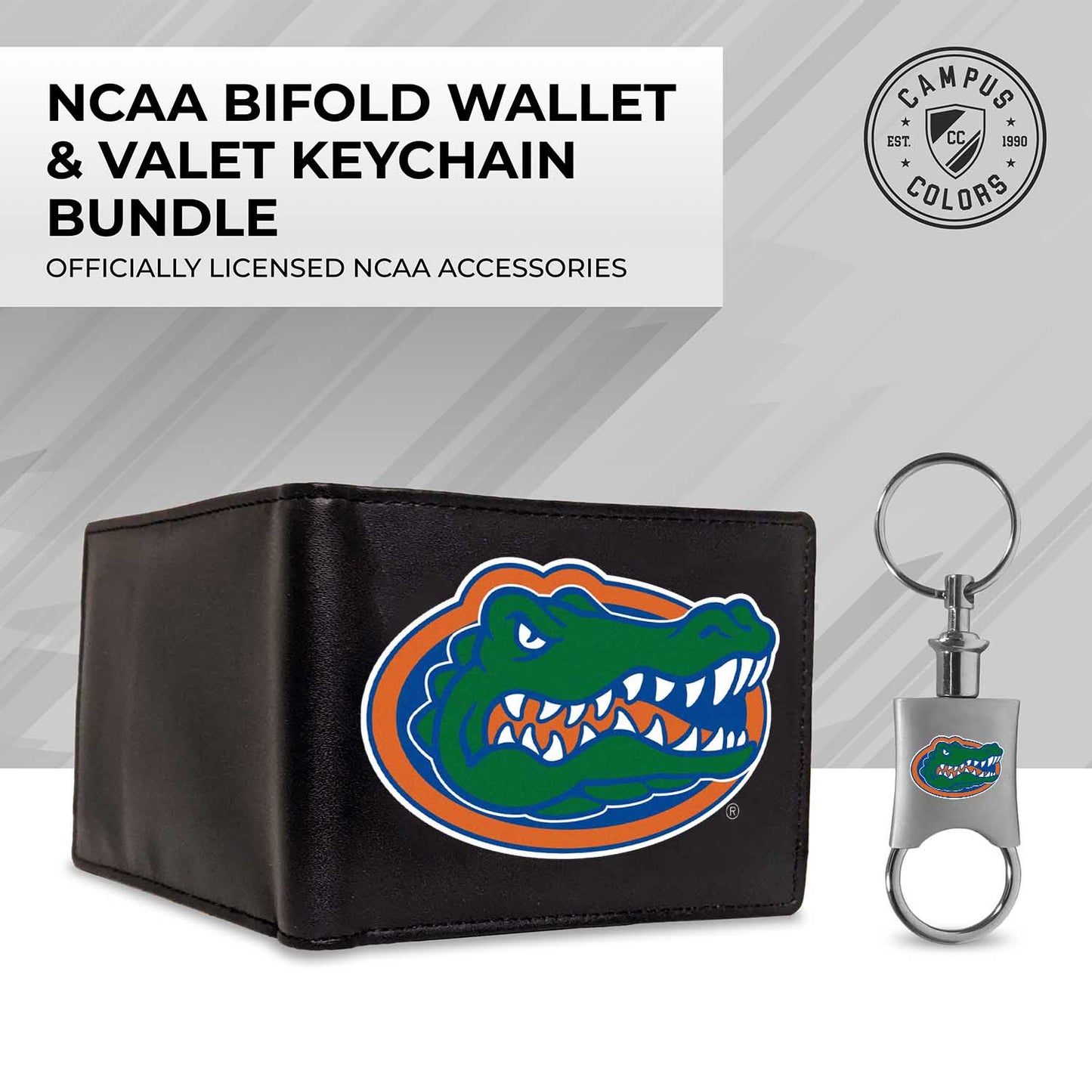 Florida Gators University Team Logo Mens Bi Fold Wallet and Unisex Valet Keychain Bundle - Black