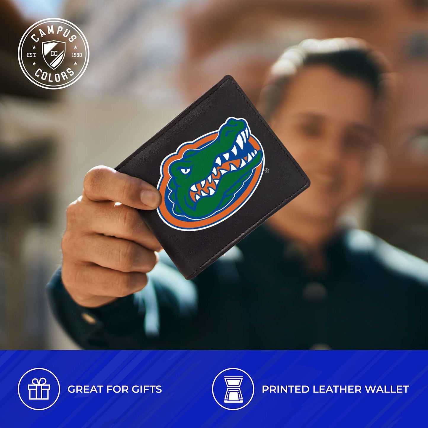 Florida Gators University Team Logo Mens Bi Fold Wallet and Unisex Valet Keychain Bundle - Black
