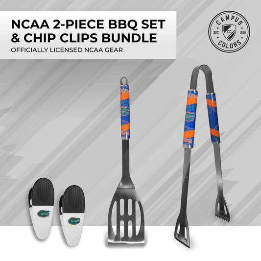 Florida Gators Collegiate University Two Piece Grilling Tools Set with 2 Magnet Chip Clips - Chrome