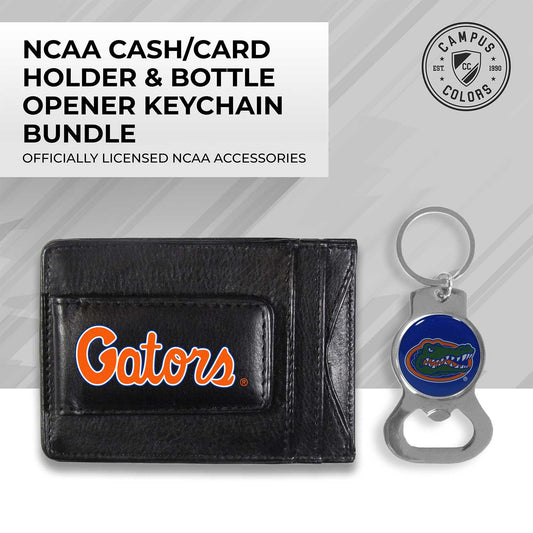 Florida Gators School Logo Leather Card/Cash Holder and Bottle Opener Keychain Bundle - Black