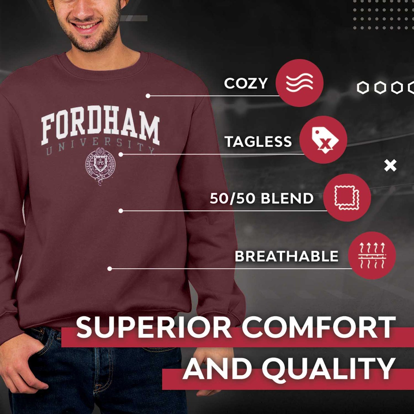 Fordham Rams Campus Colors Adult Arch & Logo Soft Style Gameday Crewneck Sweatshirt - Maroon