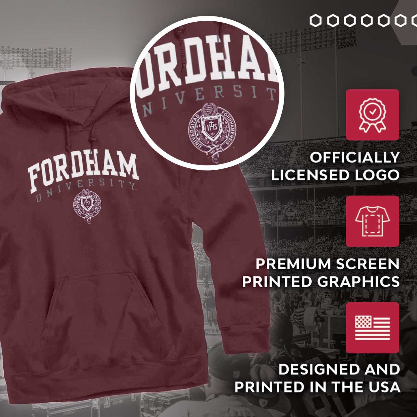 Fordham Rams Adult Arch & Logo Soft Style Gameday Hooded Sweatshirt - Maroon