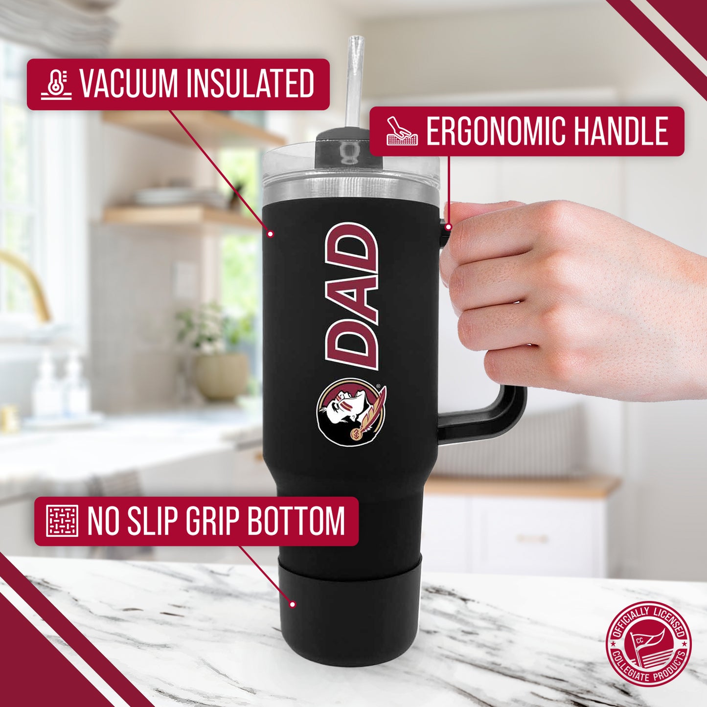Florida State Seminoles Collegiate 40oz Stainless Steel Travel Tumbler with Handle for Dad - Black
