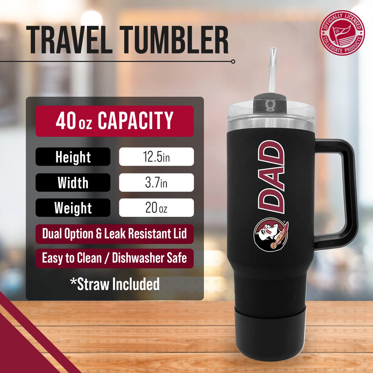 Florida State Seminoles Collegiate 40oz Stainless Steel Travel Tumbler with Handle for Dad - Black