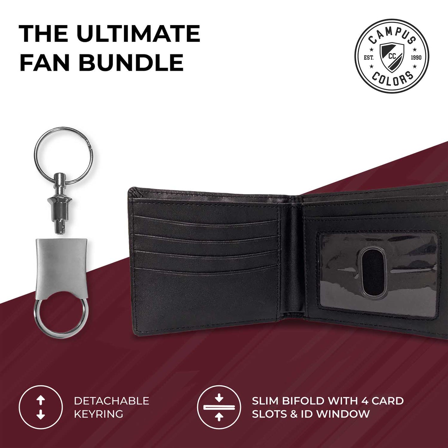 Florida State Seminoles University Team Logo Mens Bi Fold Wallet and Unisex Valet Keychain Bundle - Black