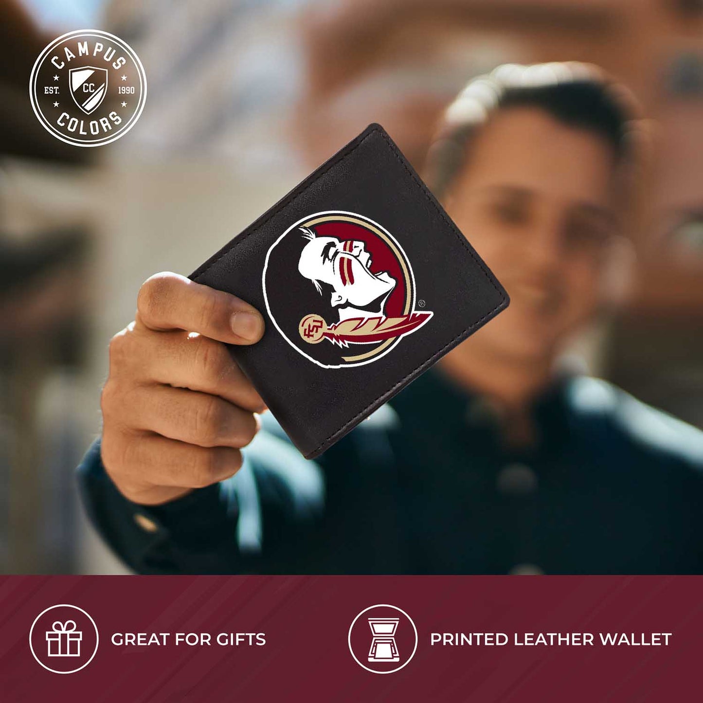 Florida State Seminoles University Team Logo Mens Bi Fold Wallet and Unisex Valet Keychain Bundle - Black