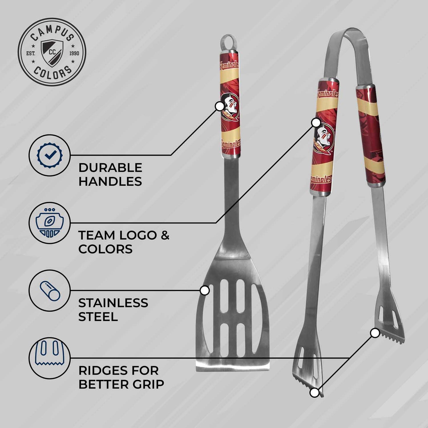 Florida State Seminoles Collegiate University Two Piece Grilling Tools Set with 2 Magnet Chip Clips - Chrome
