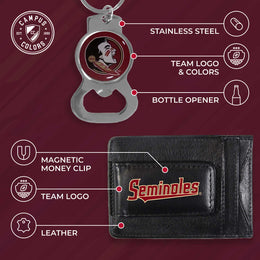Florida State Seminoles School Logo Leather Card/Cash Holder and Bottle Opener Keychain Bundle - Black