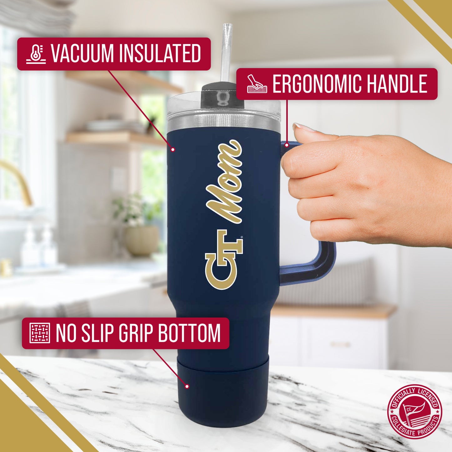 Georgia Tech Yellowjackets Collegiate 40oz Stainless Steel Travel Tumbler with Handle for Mom - Navy