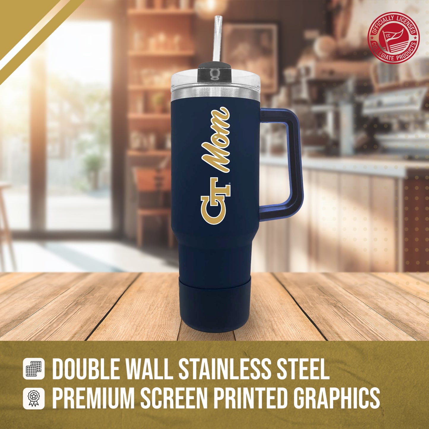 Georgia Tech Yellowjackets Collegiate 40oz Stainless Steel Travel Tumbler with Handle for Mom - Navy