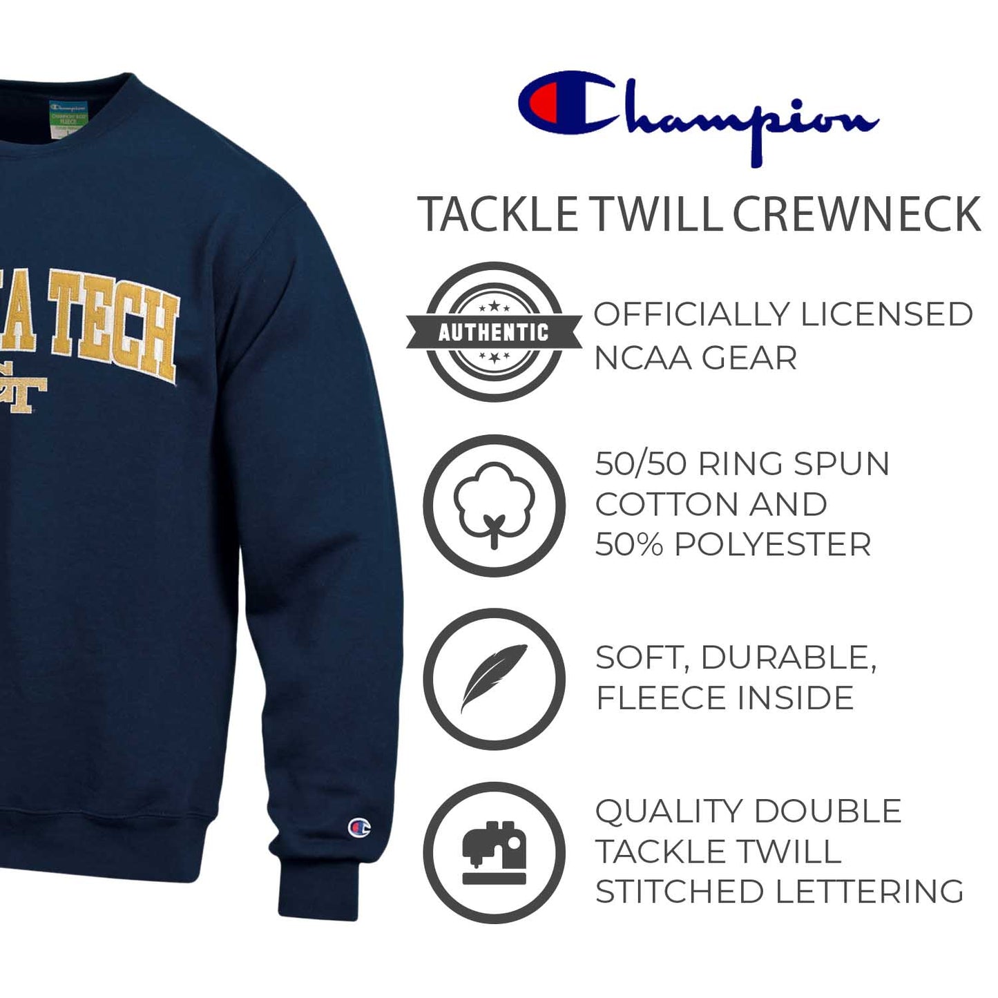 Georgia Tech Yellowjackets Adult Tackle Twill Crewneck - Navy