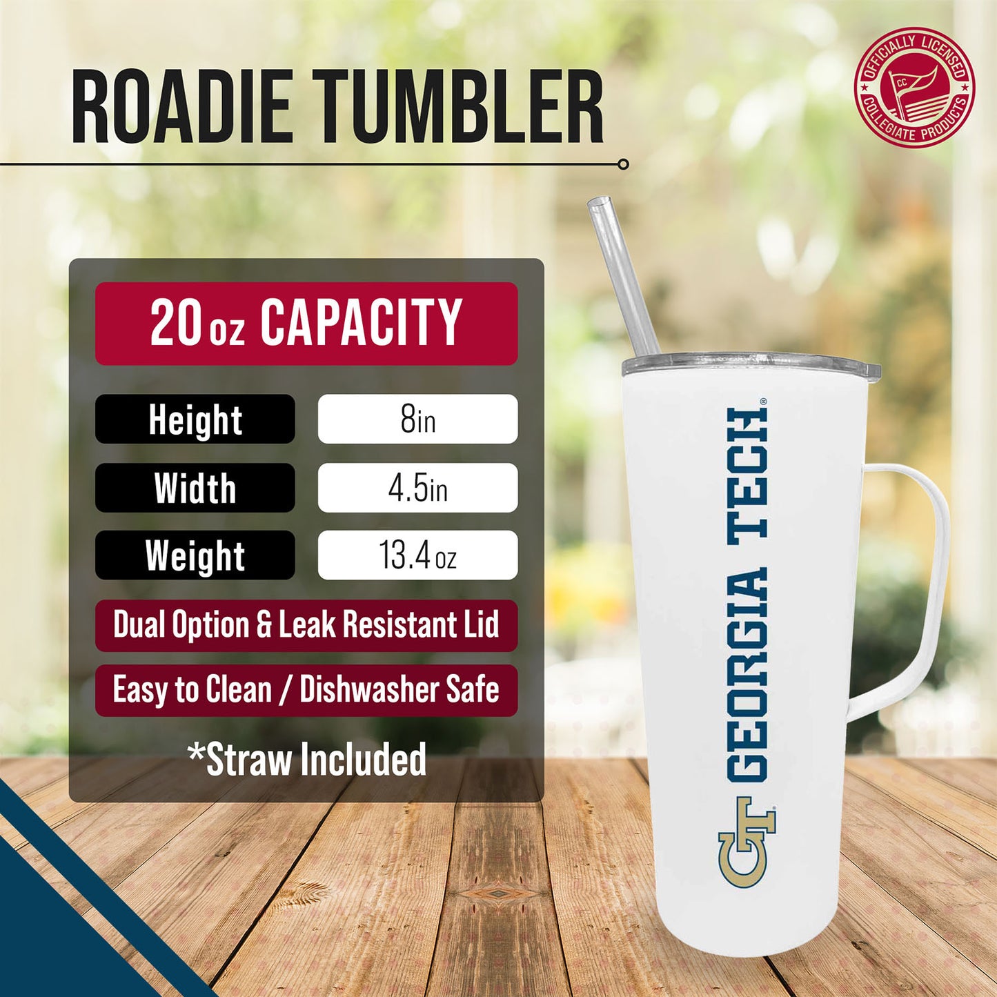 Georgia Tech Yellowjackets NCAA Stainless Steel 20oz Roadie With Handle & Dual Option Lid With Straw - White
