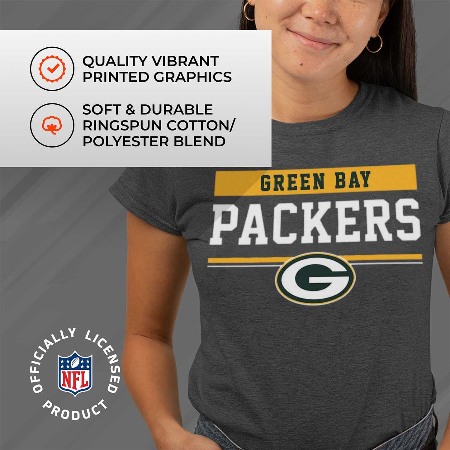Green Bay Packers NFL Women's Team Block Charcoal Tagless T-Shirt - Charcoal