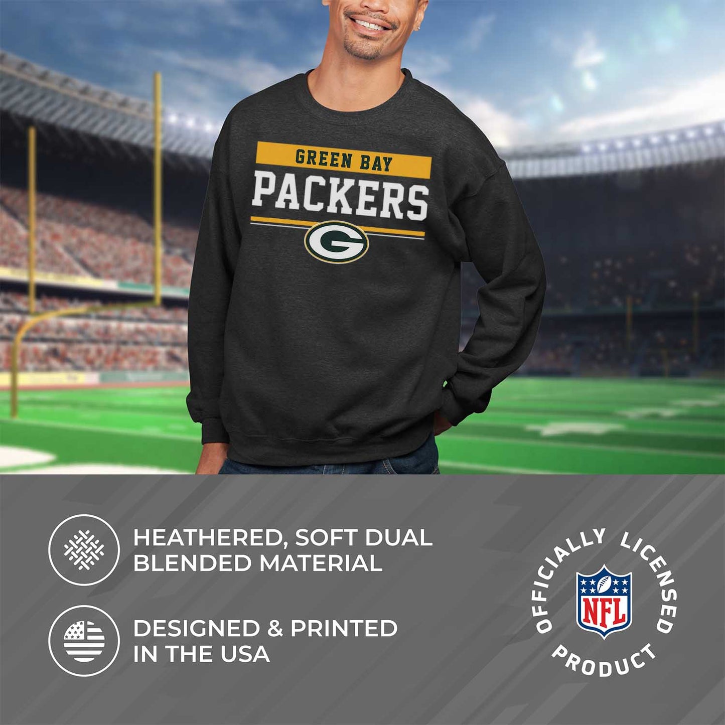 Green Bay Packers NFL Adult Long Sleeve Team Block Charcoal Crewneck Sweatshirt - Charcoal