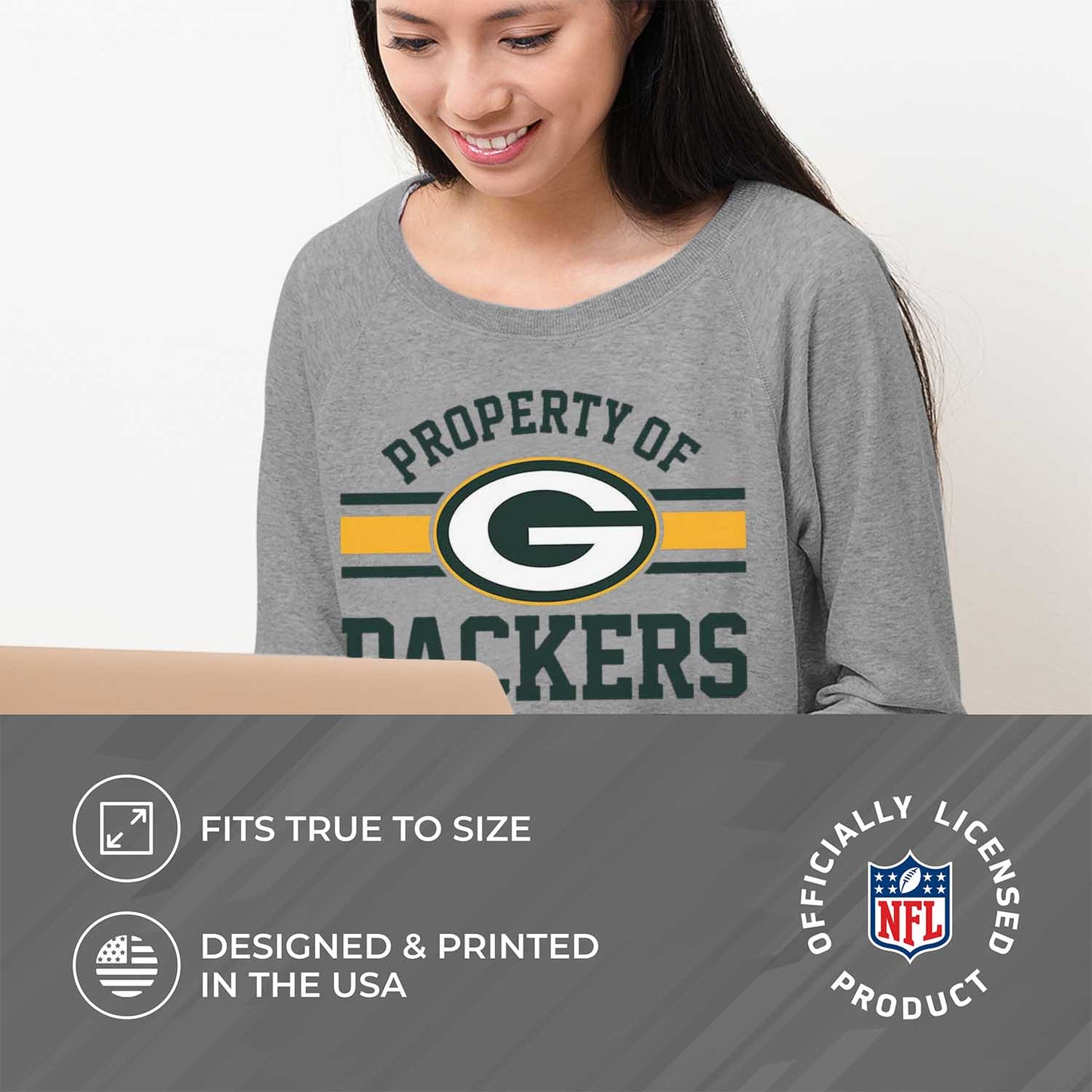 Green Bay Packers NFL Womens Property of Lighweight Crew Neck - Sport Gray