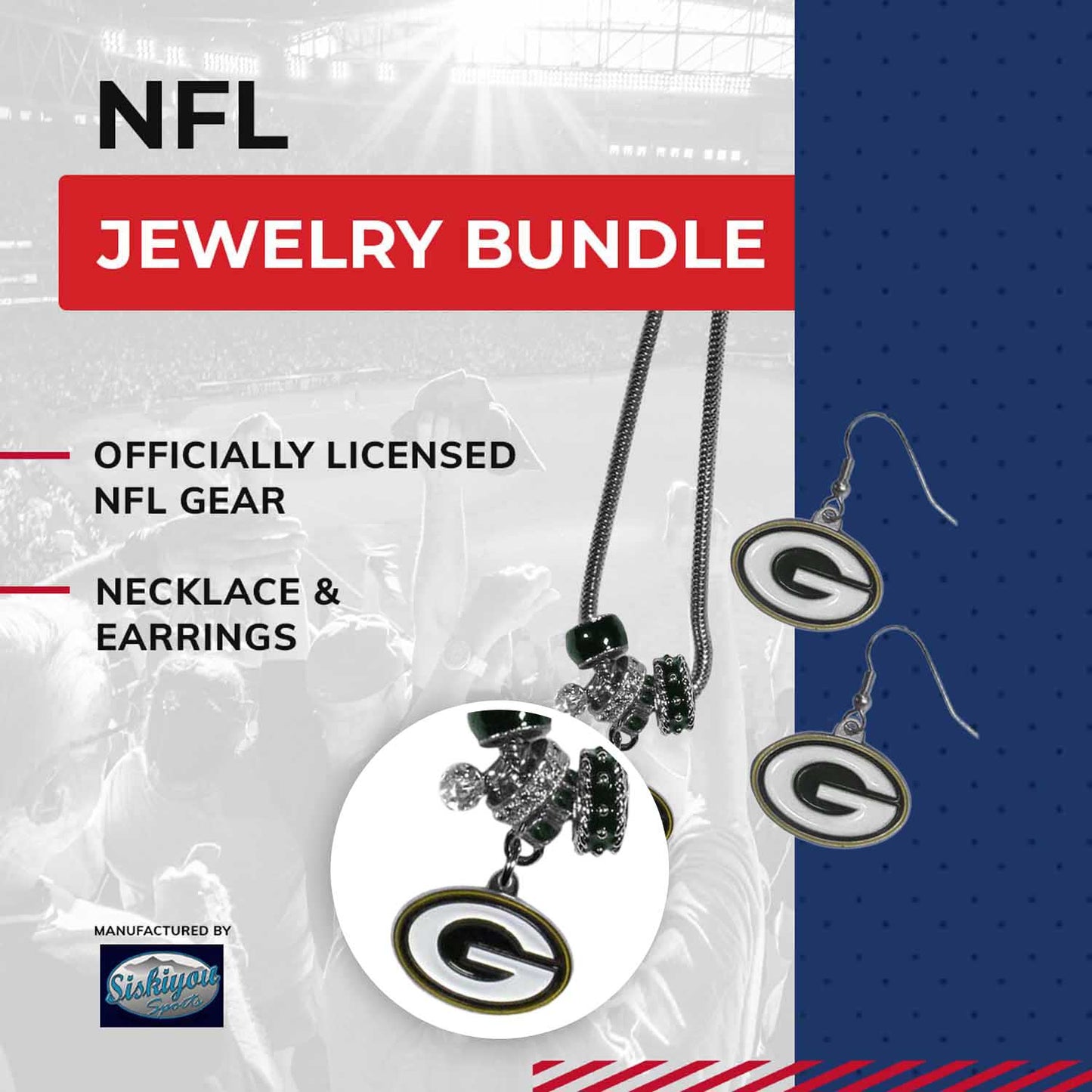 Green Bay Packers NFL Game Day Necklace and Earrings - Silver