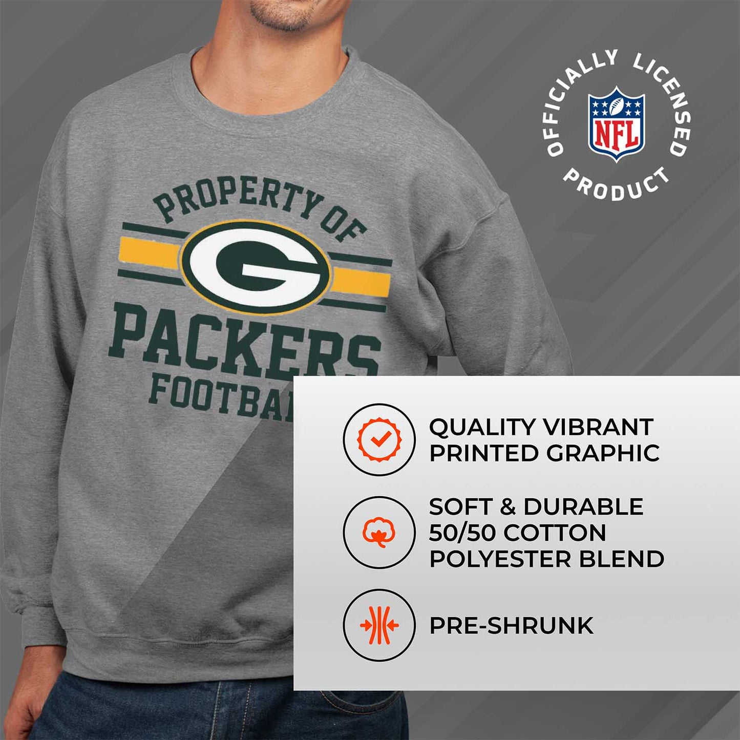 Green Bay Packers NFL Adult Property Of Crewneck Fleece Sweatshirt - Sport Gray